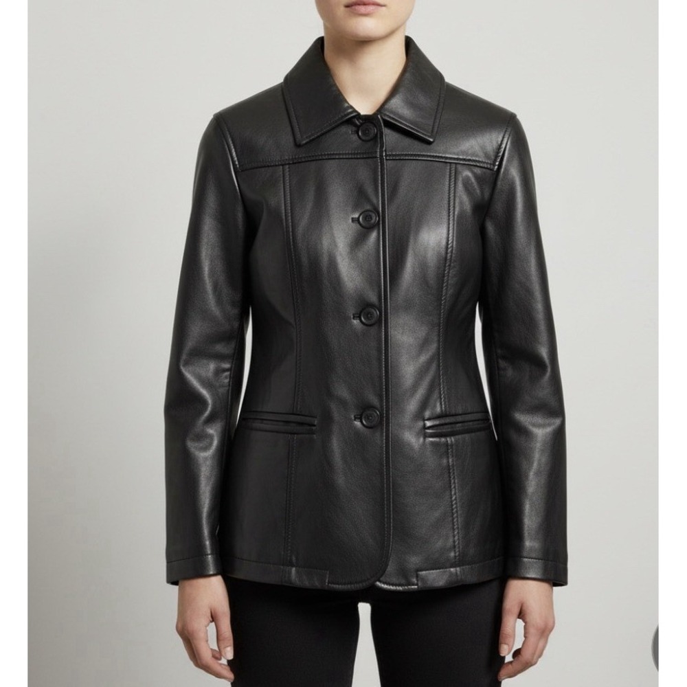Emporio Italy Worldwide Jacket Women XS‎ Black Faux Leather Button Front Blazer
